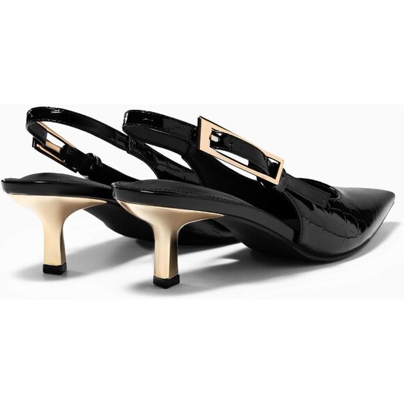 Women's Black Slingback Kitten Heels Closed Pointed Toe Pumps Buckle Strap - Picture 5 of 5